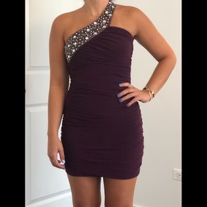 Purple bejeweled homecoming dress